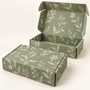 Boîte à courrier personnalisée en carton ondulé imprimée de feuilles botaniques vertes sauge pour cadeaux cosmétiques - Product Image 1
