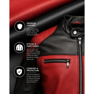 Chaqueta de Motociclista de Cuero Genuino Roja y Negra para Hombre, Chaqueta de Carreras de Motocicleta, Chaqueta de Cuero con Hombros Acolchados - Product Image 5