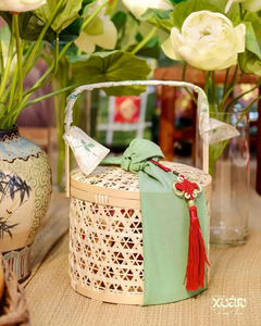 Cylindrical Bamboo <b>Gift</b> Box with Silk Fabric Knot Lid Hexagon Woven <b>Hamper</b> <b>Basket</b> Ribbon Handle Luxury Holiday <b>Gift</b> Pack Tassel - Product Image 2