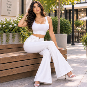 Pantalon en cuir de mouton blanc tendance pour femme, coupe ample, jambe large, taille haute élastique, pantalon en cuir pour femme - Product Image 3