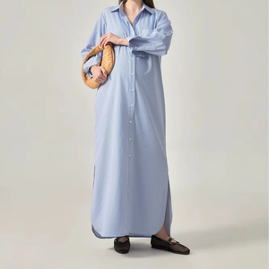 Vestidos Maxi Casuales de Cintura Holgada, Minimalistas, Tejidos, con Botones, Manga Regular, Cuello Camisero, de Algodón y Poliéster - Product Image 1