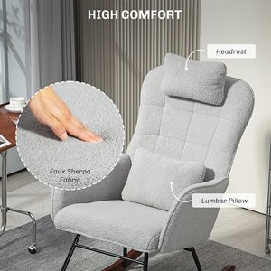 Sedia a dondolo grigio chiaro per cameretta con schienale alto e poggiatesta, sedia da allattamento con cuscino lombare per soggiorno e camera da letto - Product Image 5