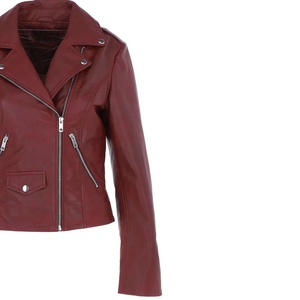 Chaqueta de cuero genuino para mujer, estilo motero, color rojo vino, con cremallera plateada, diseño asimétrico, abrigo corto. - Product Image 3
