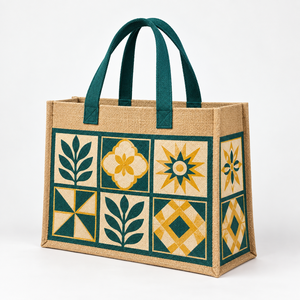Custom Printed Natural Jute Grocery Tote <b>Bag</b> 40x37x20 <b>cm</b> Botanical Print Custom Logo Wholesale OEM Private Label - Product Image 1