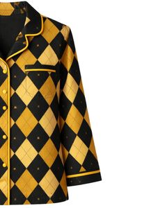 Ensemble de pyjama pour femmes personnalisé noir et jaune à motif Argyle, manches longues, boutonné, vêtements de nuit en coton doux, ensemble de détente deux pièces - Product Image 5