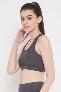 Soutien-gorge de sport sans couture pour femme, col ras du cou, dos nageur, maintien moyen, haut de yoga et de sport, gris uni, respirant - Product Image 3