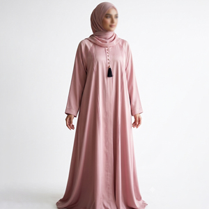 Abaya Modeste Rose en Mousseline de Soie avec Pompons et Boutons, Manches Longues, Longueur Ras du Sol, Robe Naturelle pour Femme, Col Rond, Élégante, Service OEM, Tenue de Soirée - Product Image 1