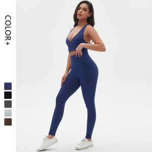 Ensemble de yoga 2 pièces sans coutures avec short et haut dos nu, taille haute, bleu marine uni, extensible dans les quatre sens, en Spandex et Polyester, infroissable, coupe haute à l'avant - Product Image 5