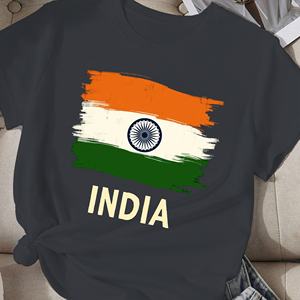 เสื้อยืดผู้หญิงแขนสั้นคอกลมผ้าโพลีเอสเตอร์ถักลายธงชาติอินเดียพร้อมลวดลายอัศวโลกะชัคราแบบลำลองพิมพ์ลายด้วยความร้อน ให้ความสบาย - Product Image 2