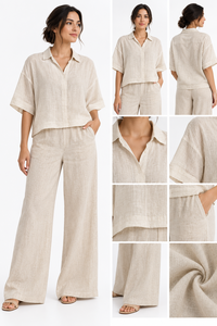 Conjunto de 2 Piezas Exclusivo de Alta Calidad, Tejido Sólido, Blusa de Algodón Beige Combinada con Pantalones, Venta al Por Mayor - Product Image 6