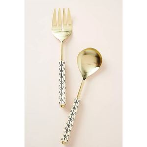 Juego de servidores de ensalada artesanales de latón y acero inoxidable con mango de asta de ciervo, elegante diseño de hoja bicolor, regalo único para bodas y fiestas - Product Image 5