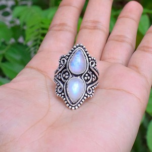 Bague en pierre de lune, argent sterling 925, pierre de lune arc-en-ciel naturelle, bijoux de mariage - Product Image 3