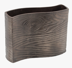 Dark Brown Wood Grain Slab Vase – Wave Top Metal/<b>Ceramic</b> <b>Flower</b> <b>Pot</b> – Minimalist Nature-Inspired Living Room Centerpiece - Product Image 1
