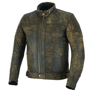 Blouson moto en cuir marron vieilli pour homme, style motard, col montant, fermeture éclair, coupe ajustée, coupe-vent, idéal pour l'automne - Product Image 3