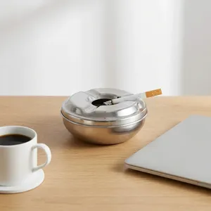Cendrier en acier inoxydable avec couvercle, porte-cendres pour la maison, le bureau, le bar, accessoires pour fumeurs, argent - Product Image 5