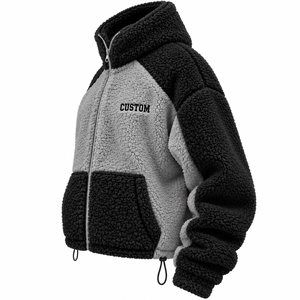 Veste à capuche zippée unisexe en polaire Sherpa 300g, style Color Block, coupe oversize, hiver décontracté, noir et gris, avec poches, anti-boulochage - Product Image 6