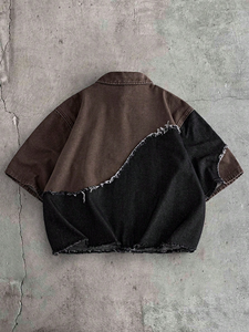 <b>Mens</b> Denim <b>Shirt</b> Color Block Brown <b>Black</b> Two Tone Panelled Frayed Seam <b>Short</b> <b>Sleeve</b> Boxy Streetwear Drop Shoulder - Product Image 6