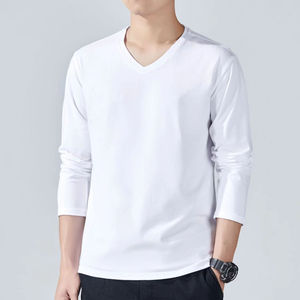 T-shirt homme en coton 100% de haute qualité, manches longues, coupe ample, couleur unie, col en V, logo personnalisé, vente en gros - Product Image 1