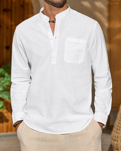 Chemise Homme <span class=keywords><strong>en</strong></span> Lin 100% à Manches Longues, Coupe Droite, Col Henley avec Poche, Qualité Supérieure, Personnalisable OEM, Printemps-Été - Product Image 3