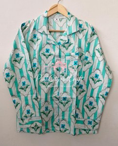 Handmade Cotton Pajama Set for Women Hand Block Print Long Sleeve Button <b>Down</b> Shirt and Matching Straight Leg Trousers - Product Image 3