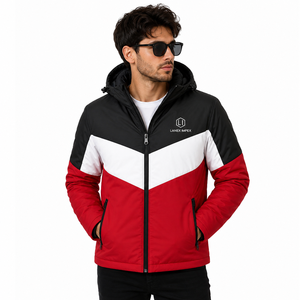 Custom Men's Hooded Puffer <b>Jacket</b> <b>Waterproof</b> Windproof Winter <b>Warm</b> Color Block Quilted Outdoor Casual Coat with Zipper Pockets - Product Image 1