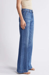 Jean en denim vintage bleu moyen à jambe large pour femme, taille mi-haute, coupe droite classique, en coton écologique - Product Image 3