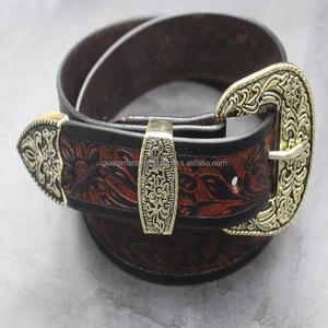 Ceinture en cuir occidentale pour homme, design personnalisé, sculpture à la main, motif floral en relief, avec un ensemble de trois boucles métalliques - Product Image 6