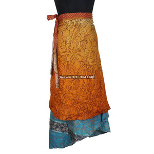 Faldas de playa vintage de seda, estilo sari mágico, de 38 pulgadas de largo, envolventes, de 2 capas, reversibles, de seda mágica, estilo sari, falda larga india. - Product Image 4