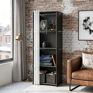 5-Tier Storage Cabinet Closet with Curtain Silver Metal Pipe <b>Shelf</b> <b>Rack</b> Black Fabric Panels Freestanding - Product Image 5