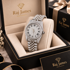 Montre à quartz unisexe de luxe Raj James, bracelet en acier inoxydable, cadran analogique à chiffres romains, verre 38 mm, date, hip-hop, 20 mm - Product Image 1