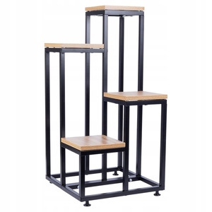 Support à fleurs moderne en métal avec plateau en bois, design carré, présentoir pour plantes d'intérieur, style minimaliste, finition thermolaquée - Product Image 1