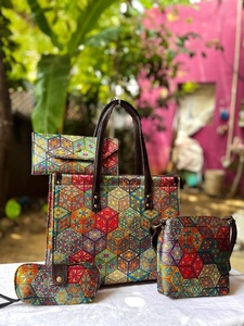 4 Piece Quilted Tote Bag Gift Set with Storage <b>Box</b> Cotton Printed Travel Pouch Combo OEM Wholesale Export India - Product Image 2