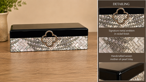 Black Lacquered Glass Jewelry Storage <b>Box</b> with Woven Mother of Pearl Inlay Nickel Emblem <b>Soft</b> Felt Interior Keepsake Organizer - Product Image 5