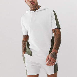 Men's White Green Color Blocking Hooded Short Sleeve <b>Tracksuit</b> Set Casual Summer Lightweight Polyester Shorts Regular Fit - Product Image 4
