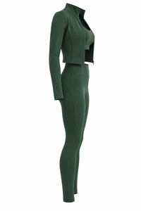 Conjunto Deportivo de Tres Piezas Verde Bosque para Mujer: Sujetador Deportivo, Leggings Ajustados de Cintura Alta y Chaqueta Corta con Cremallera de Secado Rápido para Gimnasio - Product Image 4