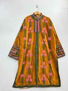 Mustard Velvet Embroidered Long <b>Robe</b> with Floral Thread Work Side Seam Pockets 100% Cotton Quick <b>Dry</b> Breathable-Spring Summer - Product Image 6
