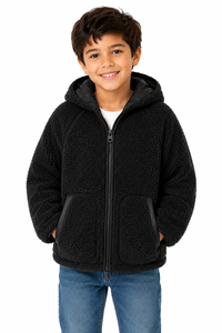 <b>Boys</b> Black Teddy Fleece Hooded Jacket Winter Warm Sherpa Hoodie Kids Zip <b>Up</b> Jacket Soft Plush Winter Coat Stylish <b>Boys</b> Outerwear - Product Image 1
