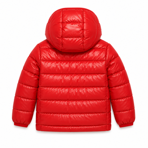 Veste d'hiver pour enfants en denim matelassé rouge coupe-vent à capuche fine à manches longues avec fermeture éclair - Product Image 1