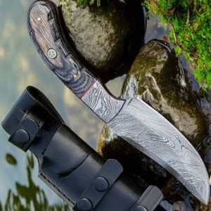 Couteaux de chasse professionnels pour l'extérieur avec lame fixe à crochet de dépecage, manche en bois, rivets en laiton et étui en cuir marron gaufré - Product Image 3