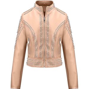 Women Studded Leather <b>Jacket</b> Black Motorcycle Biker <b>Punk</b> Style PU Genuine Leather <b>Jacket</b> OEM Custom Wholesale Supplier - Product Image 1