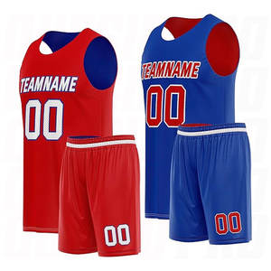 Tenues de basketball rouge et bleu en tissu respirant, impression numérique par sublimation, ensemble personnalisé avec maillot et short - Product Image 1