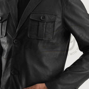 พรีเมี่ยม เสื้อแจ็คเก็ตหนังสีดำสำหรับผู้ชาย ทรงสลิมฟิต หนังแกะแท้ มีกระเป๋าหลายช่อง เสื้อโค้ทลำลองสำหรับธุรกิจ เสื้อคลุมด้านนอกสุดหรู - Product Image 6