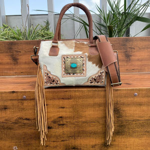 Nouveau luxe usiné véritable cuir de vachette Turquoise pierre 2 pièces Combo Set Small & Big Fringe Duffle Weekender Bag pour unisexe - Product Image 5