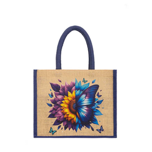 Burlap Shopping <b>Bag</b> <b>Medium</b> Size Top Handle Hand Length Handle Daily Use Floral Butterfly Pattern Blue Purple Yellow - Product Image 1