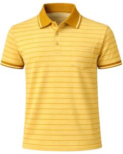 Polo a Rayas Amarillo Mostaza para Hombre con Bolsillo en el Pecho, Algodón, Corte Clásico, Manga Corta, Casual, Verano, Fabricante, Suministro al por Mayor - Product Image 1