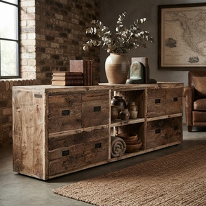 Rustic Solid Wood Sideboard Cabinet 4 Drawer Open Shelf Credenza Natural Teak Style Wooden TV Stand <b>Console</b> LivingRoom Furniture - Product Image 2