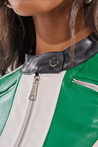 Women's Double Face PU Leather Moto Jacket Color Blocked Green Yellow <b>White</b> Full <b>Sleeve</b> Zipper Front Turn-down Collar <b>Crop</b> <b>Top</b> - Product Image 3