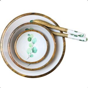 Bol de service en bois naturel très demandé, ensemble de bols méditerranéens avec bord doré et motif vie marine pour la table et la vaisselle - Product Image 4