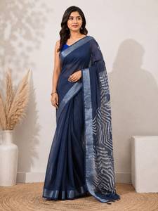 Sari en coton et lin bleu avec imprimé géométrique et bordure argentée, vêtement décontracté pour femmes, style indien traditionnel, longueur au sol, Bengale occidental - Product Image 1