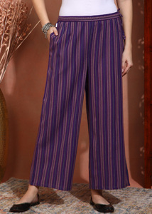 Pantalon Palazzo Premium en Coton Khadi Teint en Fil Rayé Violet, Décontracté, Ethnique, Respirant, Tissé à la Main, Coupe Large pour Femme - Product Image 5